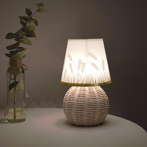 Vintage Small Wicker Lamp, Rattan Body Fabric Lampshade, Adjustable Light Color and Brightness, Power-Off Memory, Safe USB Powered, Boho Style Night Light for Bedroom Living Room (Sphere-Wheat) - color: Sphere-Wheat