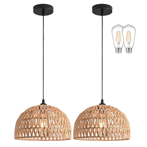 2 Pack Hemp Rope Woven Pendant Light Woven Light Fixture Boho Chandelier Light Fixture Wicker Pendant Lights Rattan Dome Wicker Chandelier for Dining Room Kitchen Island (Bulb Incl. - color: 12.2" Natural 2-Pack