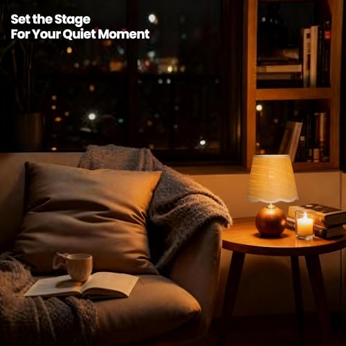 11.4" Modern Wooden Bedside Table Lamp, Small Nightstand Desk Lamp with Fabric Shade, Warm Ambient Light, Dimmable E26 Socket with Bulb Included for Bedroom Living Room (Fabric) - color: Scalloped Fabric+Solid Wood Base