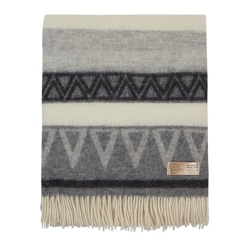 | Wool Blanket/Throw | 100% New Zealand Wool | Perfect for Home and Outdoors | Virgin Wool Throw with Fringes 75"x87" (190 x 220 cm) - color: Gray Geometry, size: Full