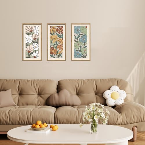 KAIRNE Vintage Colorful Floral Wooden Wall Art Set of 3,Abstract Boho Wood Decoration,Mid Century Modern Flower Wall Decor,Minimalist Wildflower Artwork for Living Room Bedroom Office,8X16 inch - color: Vintage Colorful Floral, size: 8"L x 16"W