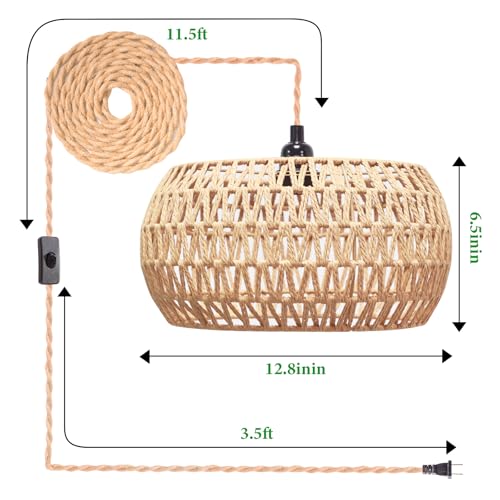 Plug in Pendant Light Rattan Hanging Lamp Pendant Light with on/Off Switch Rattan Woven Shade Hanging Lamp Plug in for Living Room Bedroom Farmhouse - color: Drum