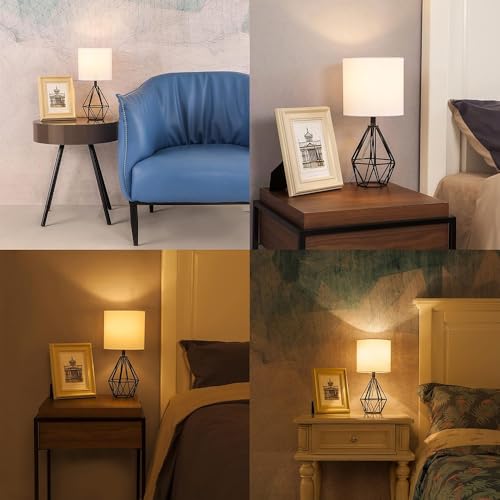 Black Bedside Table Lamps Set of 2, Small Nightstand Lamps for Bedroom, Modern Desk Lamps with TC Fabric Shade Geometric Metal Base for Living Room Study Office Farmhouse - color: Black-2 Pack
