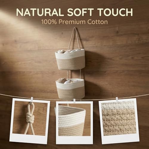 3-Tier Woven Cotton Rope Hanging Basket, Over the Door Organizer, Adjustable Detachable Wall Basket with Metal & Adhesive Hooks, No Drilling for Living Room, Nursery and Boho Bedroom Decor - style: White&Jute