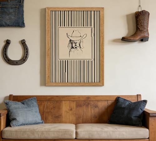 Framed Vintage Cowboy Dog Wall Art - Striped Western Pet Canvas Decor Animal Sketch Artwork Picture for Living Room Bedroom Home Wall decor - color: Cowboy Dog, size: 10"L x 8"W