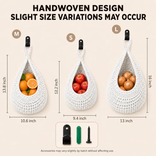Boho Decor Hanging Fruit Baskets for Kitchen, 3 Pack Handwoven Teardrop Wall Hanging Baskets with Hooks, Storage for Fruits, Onions, Vegetables & Potatoes, 3 Sizes for Home, White - color: Large-White