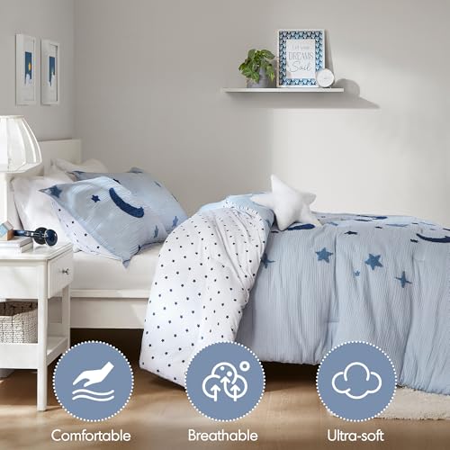 Intelligent Design Kids Cosmos Full Size Comforter Set – Blue Star and Moon Tufted Chenille, Reversible 4-Piece Bedding with Star Pillow, Full/Queen - color: Blue, size: F/Q Comforter