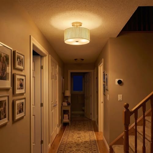 13" Boho Rattan-Style Semi Flush Mount Ceiling Light Fixture, 3-Light Modern Fabric Shade Drum Lamp, White Rustic Lighting for Bedroom, Kitchen, Dining Room, Living Room, Hallway, Entryway - color: White