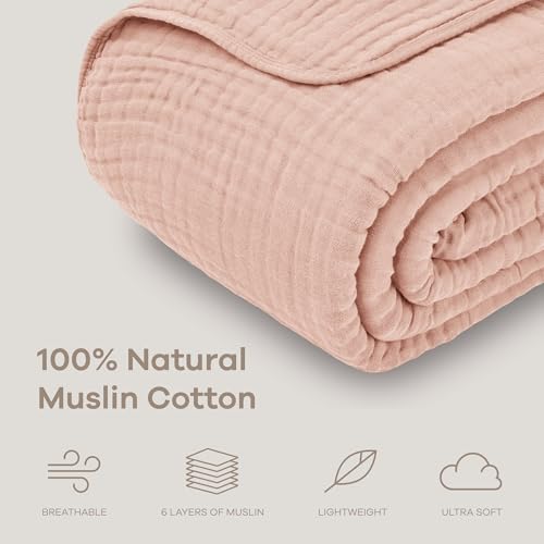 Comfy Cubs Muslin Throw Blanket - 50” x 60” Quilted Design - Lightweight, Breathable 6-Layer Gauze Fabric - Soft Cotton Blanket for Home or Travel - Packaged in Elegant Gift Box - Blush - color: Blush, size: Throw - 50" X 60"