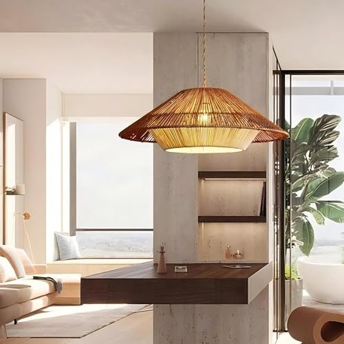 LIGHTLAND 23.6 Inch Bohemian Rattan Pendant Light, Twine Woven Chandelier, Wabi-sabi Style Handwoven Chandelier for Dining Room, Kitchen Island, Living Room - color: 23.6 Inch