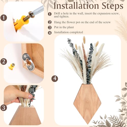 2 Pcs Bohemian Wooden Wall Planter Set with Pampas Grass Modern Farmhouse Wall Decor for Living Room, Bathroom, Bedroom, Office (Original Wood Color,Natural Style) - color: Original Wood Color, style: Natural Style