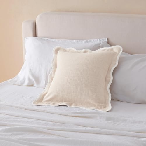 Double Stitch Scalloped Throw Pillow Covers - 100% Cotton Decorative Boho Pillow Covers 20 x 20, Made in India, Square Cushion Case, Modern Home Decor for Couch Sofa Living Room, Oat Milk - color: Oat Milk, size: 20" x 20" (Pack of 1)