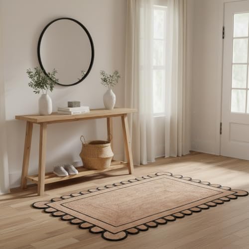 Braided Scalloped Jute Rug Natural with Black Trim, Handmade Farmhouse Boho Area Rug for Entryway, Kitchen, Hallway, Living Room, Bedroom, Rustic Woven Floor Rug - (Black- 3X5 ft) - size: 3' x 5' (Rectangular)