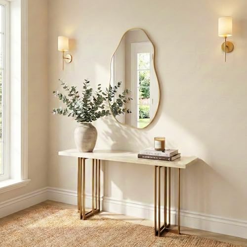 Asymmetrical Wall Mirror 36"x20", Large Irregular Wavy Mirror for Bathroom Vanity, Matte Gold Rust Proof Aluminum Frame, Tempered Glass Horizontal or Vertical Hanging for Living Room Decor - color: Gold, size: 36"L x 20"W