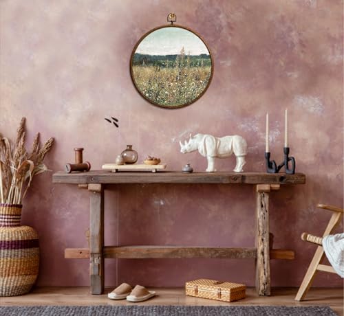 Wildflower Round Wall Art Decor, Floral Field Landscape Circular Wall Art, Vintage Round Boho Home Decoration, Circular Hanging Decor with Hooks for Living Room Bedroom Kitchen Office Decoration, 18 - color: Vintage17