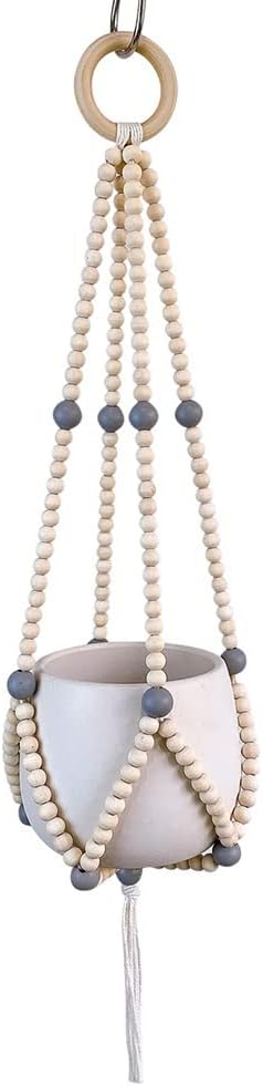Ochine Macrame Plant Hanger Indoor Hanging Planter Basket Wood Beads Decorative Boho Flower Pot Holder with Round Hooks for Indoor Outdoor Boho Home Decor Handmade Bead Hangers (Not Included Pot)