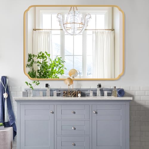 Ferytange 30" x 40"Gold Bathroom Mirror for Over Sink, Modern Rounded Corner Rectangle Wall Mirror for Bathroom Vanity Decorative with Non-Rusting Iron Metal Framed (Horizontal/Vertical) - color: Gold, size: 40"L x 30"W