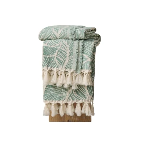 DOWN HOME Chenille Cotton Throw Blanket for Couch, Lightweight Boho Blanket for Bed Sofa Chair Living Room Outdoor Soft Woven Decorative Blanket with Tassel Gift Green Leaves 55"x60" - color: Green, size: 55"x60"