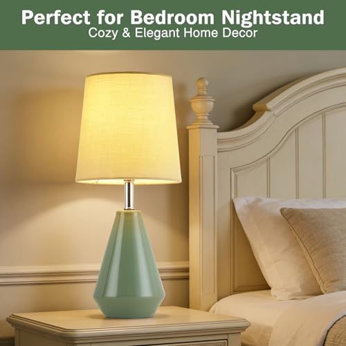 Small Bedside Table Lamp for Bedroom - Reading Desk Lamp with 3 Color Temperatures，15.5" Nightstand Ceramic Lamp with Fabric Shade for Kids Room,Living Room,Dorm,Home Office (Green) - color: Green, size: 15.5"