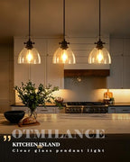 Pendant Lights Kitchen Island, 7.5 Inch Glass Pendant Lights Kitchen Island, Black Pendant Lighting with Adjustable Rod, Industrial Hanging Island Pendant Light for Kitchen, Bedroom (2 Pack) - color: Clear Glass-Black+Rod, size: 2-Pack