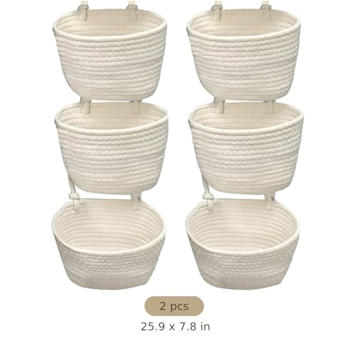 2 Pcs 3-Tier Woven Cotton Hanging Basket, Wall Mounted Storage Organizer, Boho New Home Basket, Over The Door Organizer for Bathroom, Bedroom, and Closet Organization