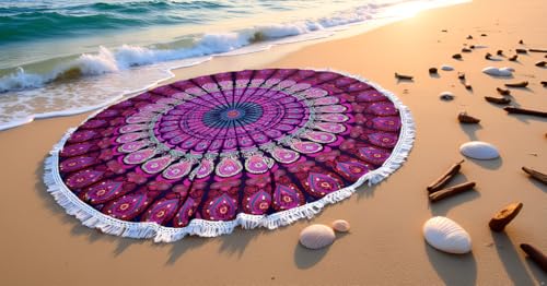 Round Beach Tapestry Mandala Boho Hippie Blanket Cotton Bohemian Large Table Cloth Home Decor Yoga Mat Meditation Picnic Rug Throw Hippy Boho Gypsy Tablecloth Roundie 42 Inches Pink And White - color: Pink And White, size: 42"L x 42"W