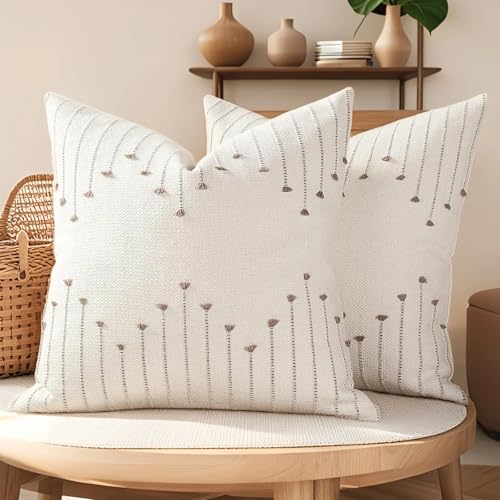 Boho Outdoor Throw Pillow Covers 20x20 Set of 2,Soft Resistant Washable | Textured Woven Cotton Decorative Cushion Covers with Fringe Tassel,for Couch Sofa Bed Patio, Farmhouse Modern Decor, Khaki - color: Khaki, size: 20" x 20" (Pack of 2)