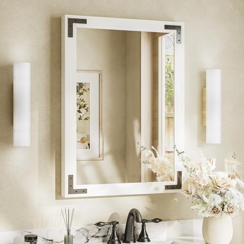 TETOTE 22 x 30 White Wood Framed Mirror for Bathroom Wall/Bedroom/Living Room/Entryway Farmhouse Rustic Bathroom Vanity Mirror for Wall Waterproof (Horizontal/Vertical Mounted) - color: White Wood, size: 30"L x 22"W