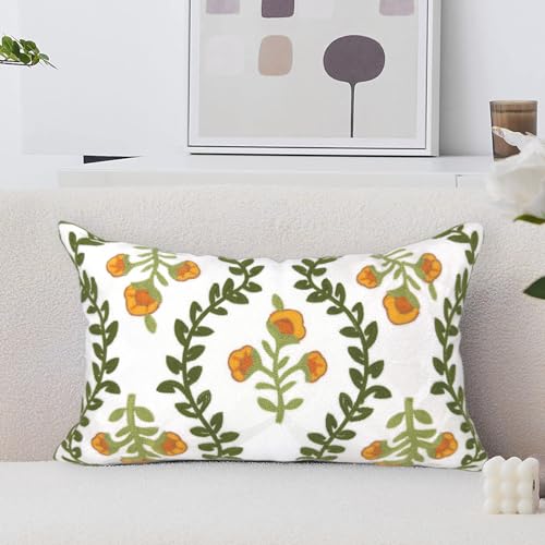 Alysheer Flower Embroidered Summer Decorative Lumbar Throw Pillow Cover 12"x 20", Farmhouse Cottage Orange Floral Green Leaves Patterned Cotton Canvas Cushion Case for Sofa Couch Bed Living Room - color: Orange Green, size: 20" x 12" (Pack of 1)