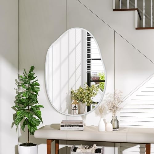 Asymmetrical Bathroom Mirror Irregular Wall Mirror Modern Metal Frame Unique Shape Wall Mounted Vanity Artistic Mirrors Decorative for Living Room Bedroom Entryway 22"x30" Large White - color: White, size: 30"L x 22"W