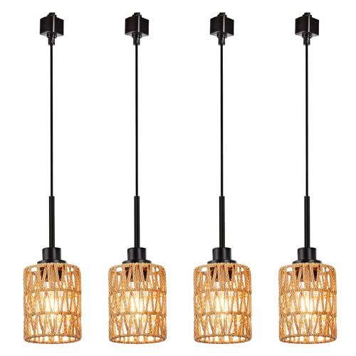 MELUCEE 4 Packs H-Type Track Hanging Light Black Ceiling Track Lighting Fixtures Rattan Pendant Light for Kitchen Island Dining Room Restaurant, Compatible with H Type Track Lighting Rail, E26 Socket