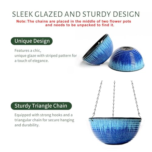 Vanslogreen 2 Pack Hanging Planters for Indoor Outdoor Plants, 10 Inch Hanging Planter with Drainage Hole & Plug Glazed Hanging Baskets Flower Pots for Garden Home (Blue Flow Glaze) - color: Blue Flow Glaze, size: 10inch