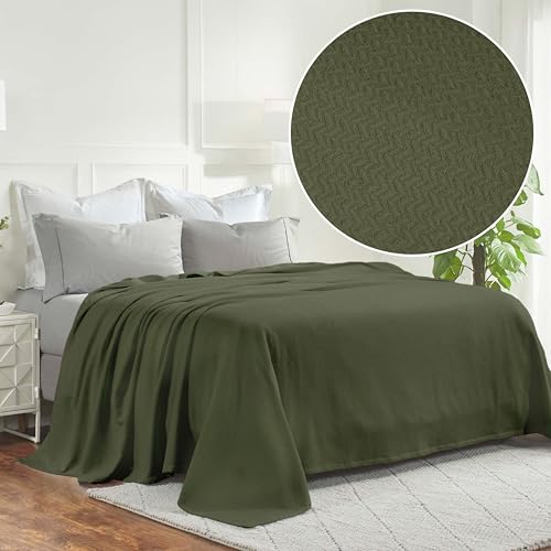 Superior Nobel Cotton Blanket, for Picnic, Beach, Traveling or Camping, Bedroom Essentials, Cover for Bed, Couch, Lounging, Textured Jacquard, Classic Chevron Woven Blanket, Full/Queen, Forest Green - color: Forest Green, size: Full/Queen