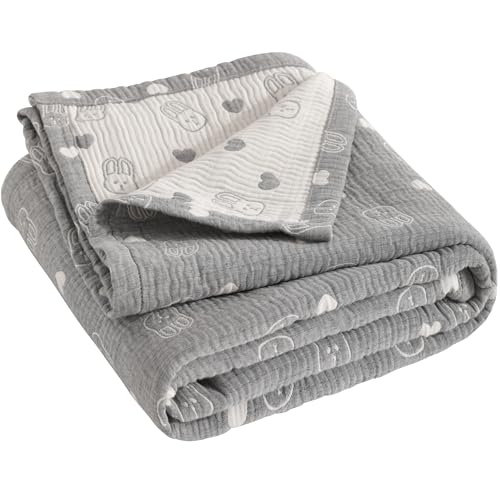 NTBAY 3 Layer Oversized Muslin Cotton Toddler Blanket, Jacquard Reversible Nursery Bed Blanket, Super Soft and Thermal for All Seasons, Baby Gift, 45"x60", Dark Grey Rabbit - color: Dark Grey Rabbit, size: 45x60 Inch (Pack of 1)