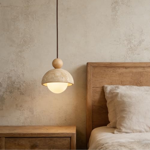 7.1inch Wabi Sabi Pendant Light, Yellow Travertine Pendant Light Fixture, Natural Stone & Wood Hanging Lamp for Kitchen Island, Hallway, Bedroom Bedside, Living Room, Dining Room (1pcs) - color: 7.1inch stone-1pcs