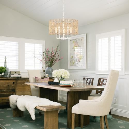 Rattan Chandelier 5-Light Farmhouse Boho Pendant Light Fixture for Dining Room Brown and White Woven Chandeliers for Ceiling Light,Bedroom,Living Room,Foyer,Kitchen Island,Coastal,Stairway,Hallway - color: 5-light White and Brown