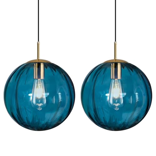 Modern Blue Glass Pendant Light, Kitchen Island Lighting 2-Pack Globe Pendant Light Fixtures Century Kitchen Island Pendant Lighting for Bedroom Living Dining Room Light Fixture (Without Bulb) - color: Blue-1 Light-2PC