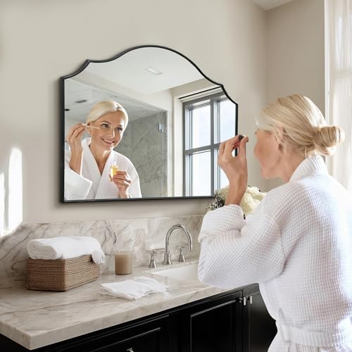 Besdomus Scalloped Arched Mirror for Mantel: 35"x26" Black Modern Wooden Wall Mirror - Minimalist Decorative Dresser for Vanity/Bathroom/Bedroom/Fireplace/Living Room/Entryway - Stylish Home Decor - color: Black, size: 26"L x 35"W