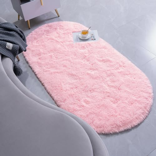 Goideal Fluffy Bedroom Rug, Small Oval Area Rugs, Pink Shag Bedside Carpet for Kids Room Nursery Dorm Cute Fuzzy Indoor Decor for Boy and Girl, 2.6 x 5.3 Feet - color: Pink