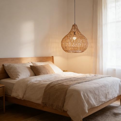 Pendant Light Fixtures Black Boho Chandelier 15.7-inch Rattan Shade Dome Light Fixtures Mid Century Farmhouse Pendant Lamps for Dining Room Kitchen Island Over Table, 1-Light - color: Black Rattan, 15.7", 1-Light