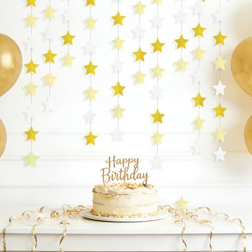 Glitter Gold, Light Gold & White Iridescent Star Garland 90FT, 240pcs Hanging Glitter Star Banner Backdrop for Birthday, Baby Shower, Wedding & Christmas Party Decorations (6 Packs) - color: Glitter Gold & Glitter Light Gold & White