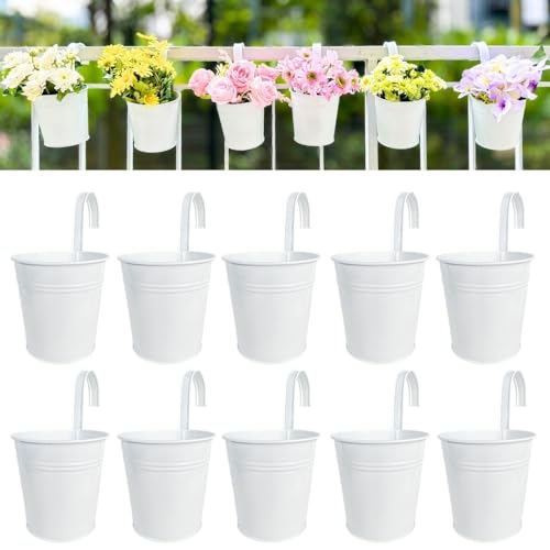 LaLaGreen Hanging Planters - 10 Pack, 4 Inch Balcony Railing Hanging Herb Garden Wall White Metal Bucket Fence Planter for Outdoor Plants Flower Pot Deck Rail Porch Window Box Hooks Macetas Colgante - size: 4 Inch (White)