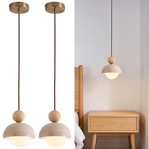 Wabi Sabi Pendant Light Set of 2, Natural Travertine Stone & Wood Hanging Lamp for Kitchen Island, Hallway, Living Room, Bedroom, Dining Room Ceiling Decor (G9 Bulb, 5.9 in Stone Round)