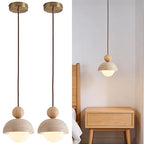 Wabi Sabi Pendant Light Set of 2, Natural Travertine Stone & Wood Hanging Lamp for Kitchen Island, Hallway, Living Room, Bedroom, Dining Room Ceiling Decor (G9 Bulb, 5.9 in Stone Round)