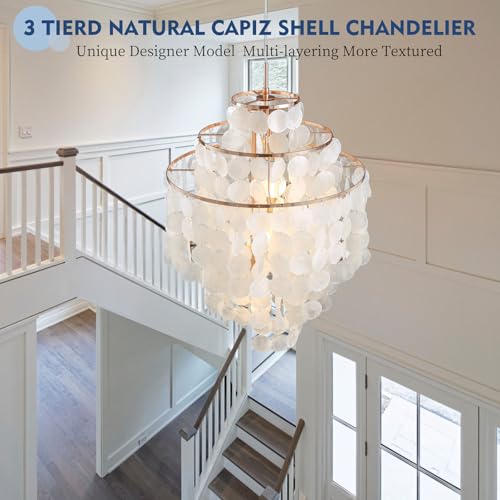 Capiz Shell Chandelier,18" Gold Coastal Chandelier Light Fixture with 4 Lights Capiz Seashell Pendant for Living Room Foyer Kitchen Island Entryway Dining Room Bedroom,LED Bulb Included - size: 18 inch