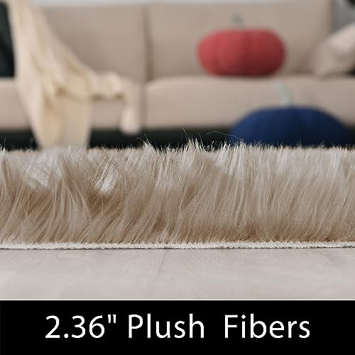 Latepis 2x3 Brown Beige Small Faux Fur Rug Fluffy Furry Rugs Throw Rug Washable Shag Plush Soft Rugs for Living Room Bedroom and Dorm - color: Beige, size: 2' x 3' (Rectangular)