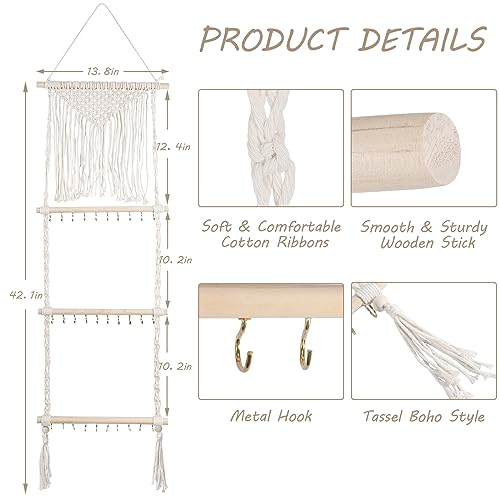Teniinet Hanging Jewelry Organizer, Boho Macrame Necklace Hanger Wall Mounted with 30 Hooks,Door Hanging Jewelry Holder with Tassel for Necklaces Display Organizer(Necklace Holder)