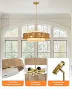 VONLUCE 23.6" Boho Rattan Chandelier, 6-Light Drum Chandelier with 3-Tier Woven Lampshade, Rattan Ceiling Light for Dining Room Bedroom Living Room with E26 Sockets, Gold Finish, ETL Certified - color: Gold, size: 24inch