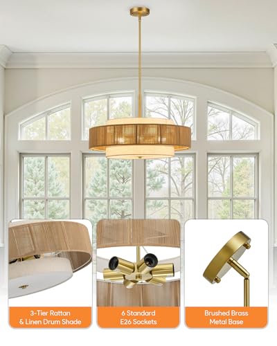 VONLUCE 23.6" Boho Rattan Chandelier, 6-Light Drum Chandelier with 3-Tier Woven Lampshade, Rattan Ceiling Light for Dining Room Bedroom Living Room with E26 Sockets, Gold Finish, ETL Certified - color: Gold, size: 24inch