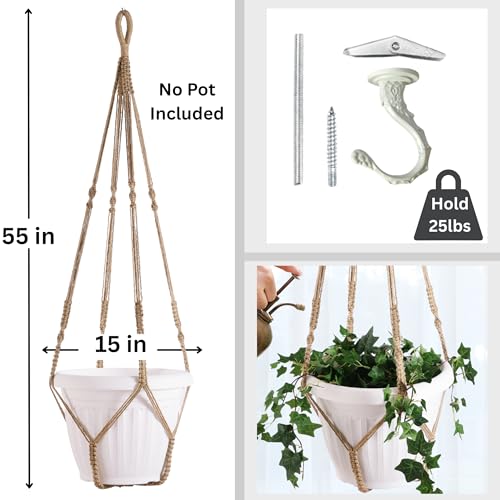 Giant XXL 55 Inches Macrame Planter Hanger Large for 15 inch Pot + Swag Hook | Extra Large Hanging Planter for Indoor Plants | No Pot/Plant Included (XXL Jute) - color: Brown